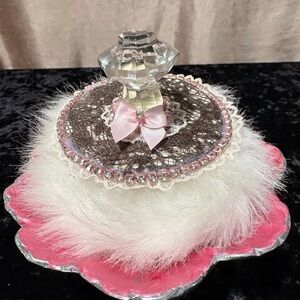 Handmade Soft Pink Retro Powder Puff In  Enamel Dish Boudoir Vanity Gift Shabby